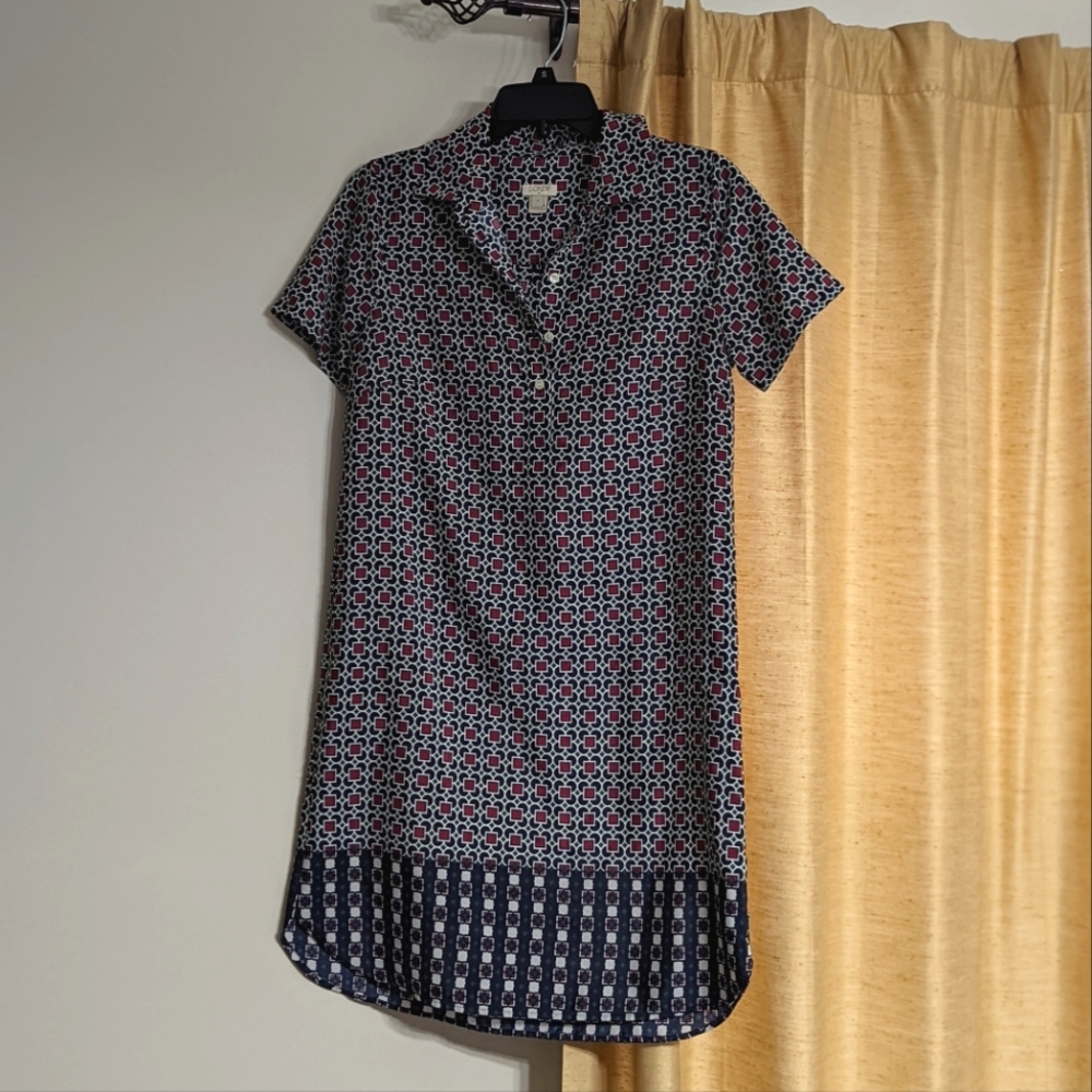 J. Crew Navy Geometric Short-Sleeve Shirt Dress with Pink Accents